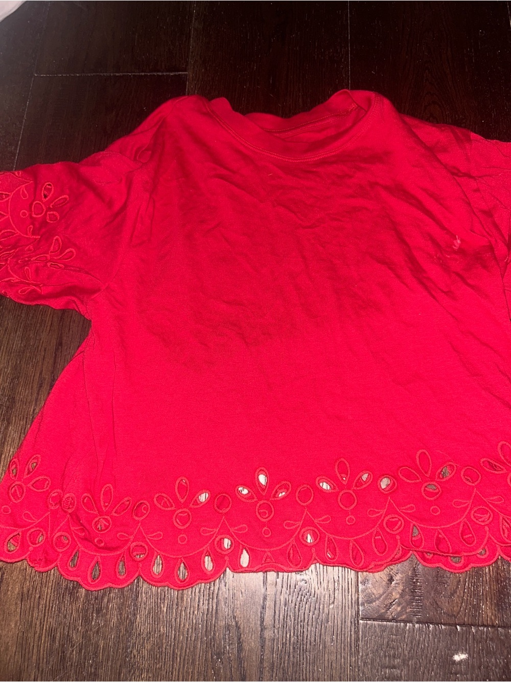 American Eagle Outfitters Red Eyelet-Hem Short Sleeve Top
